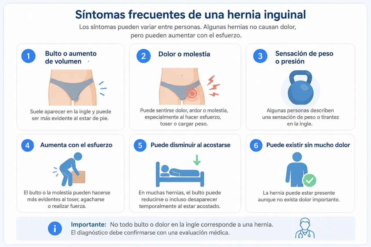 Síntomas orientativos de hernia: bulto, presión, dolor y variación con posición o esfuerzo